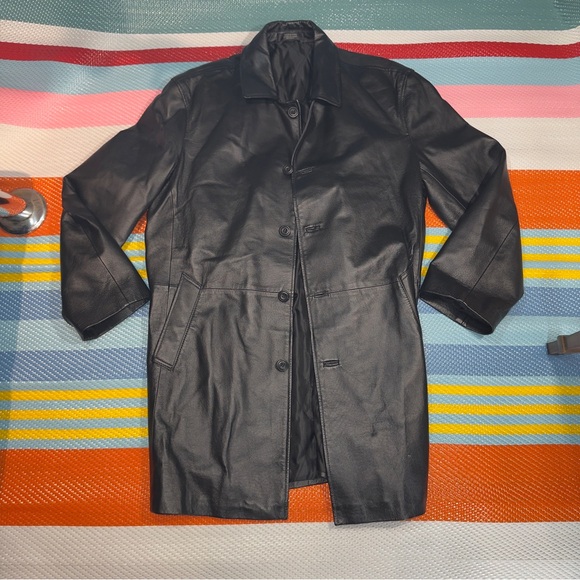 Stafford Black 100% Genuine Leather Trench Coat Jacket Men’s Size Large - Picture 1 of 6